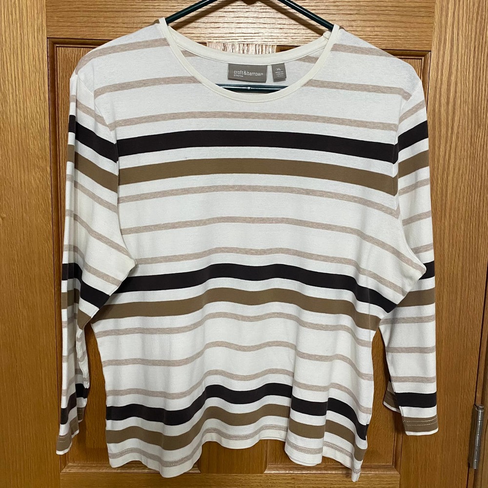 Croft & Barrow XL Classic Striped‎ Tee Crewneck 3/4 sleeve brown/tan/beige